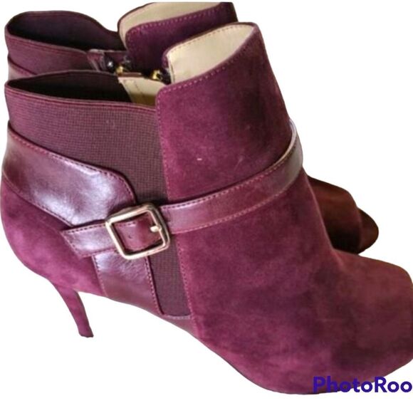 Marc Fisher Shimmee Size 11 Burgundy Suede Open Toe Buckle High-Heel Ankle Boots - Picture 1 of 7